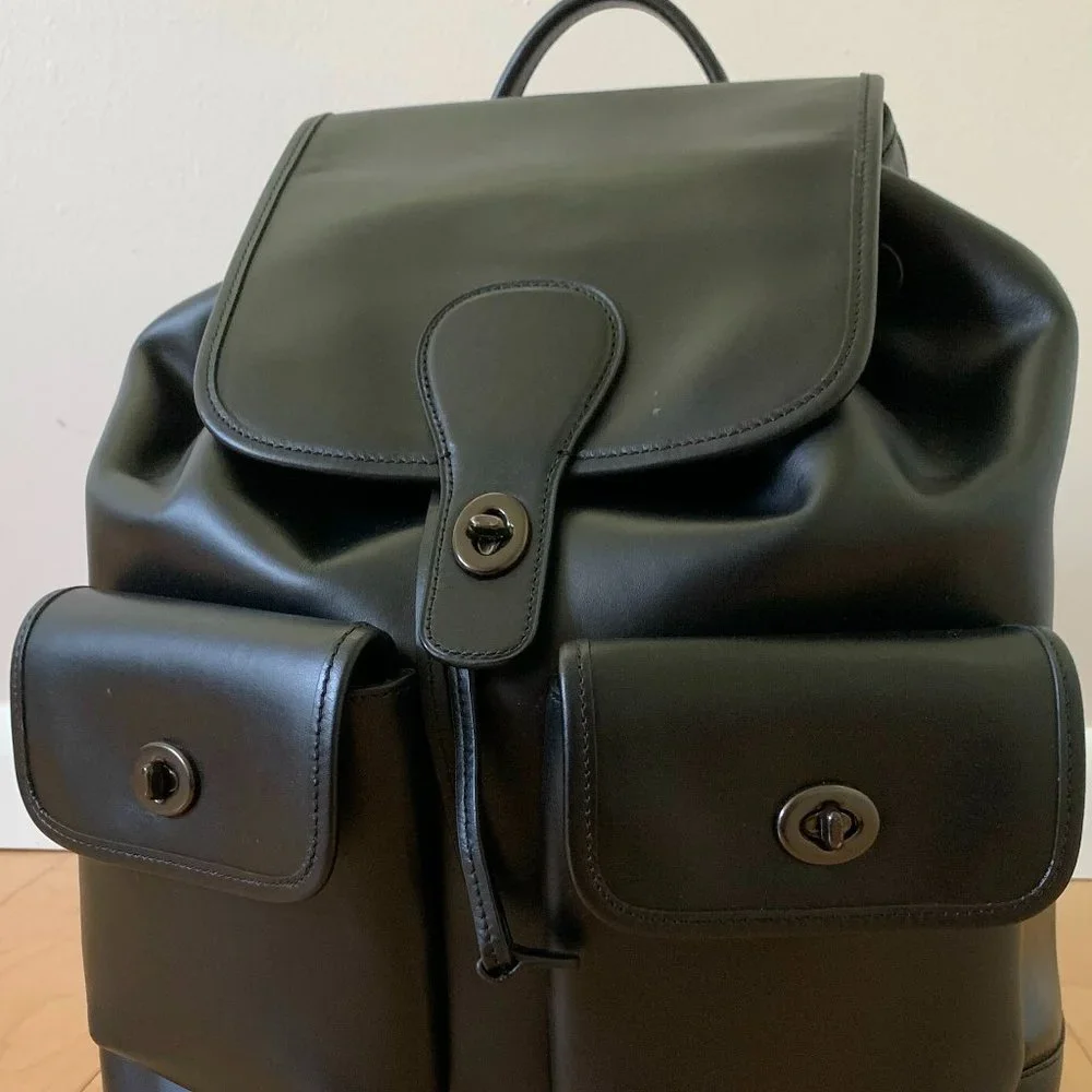 Coach Black Leather Backpack with Front Pockets